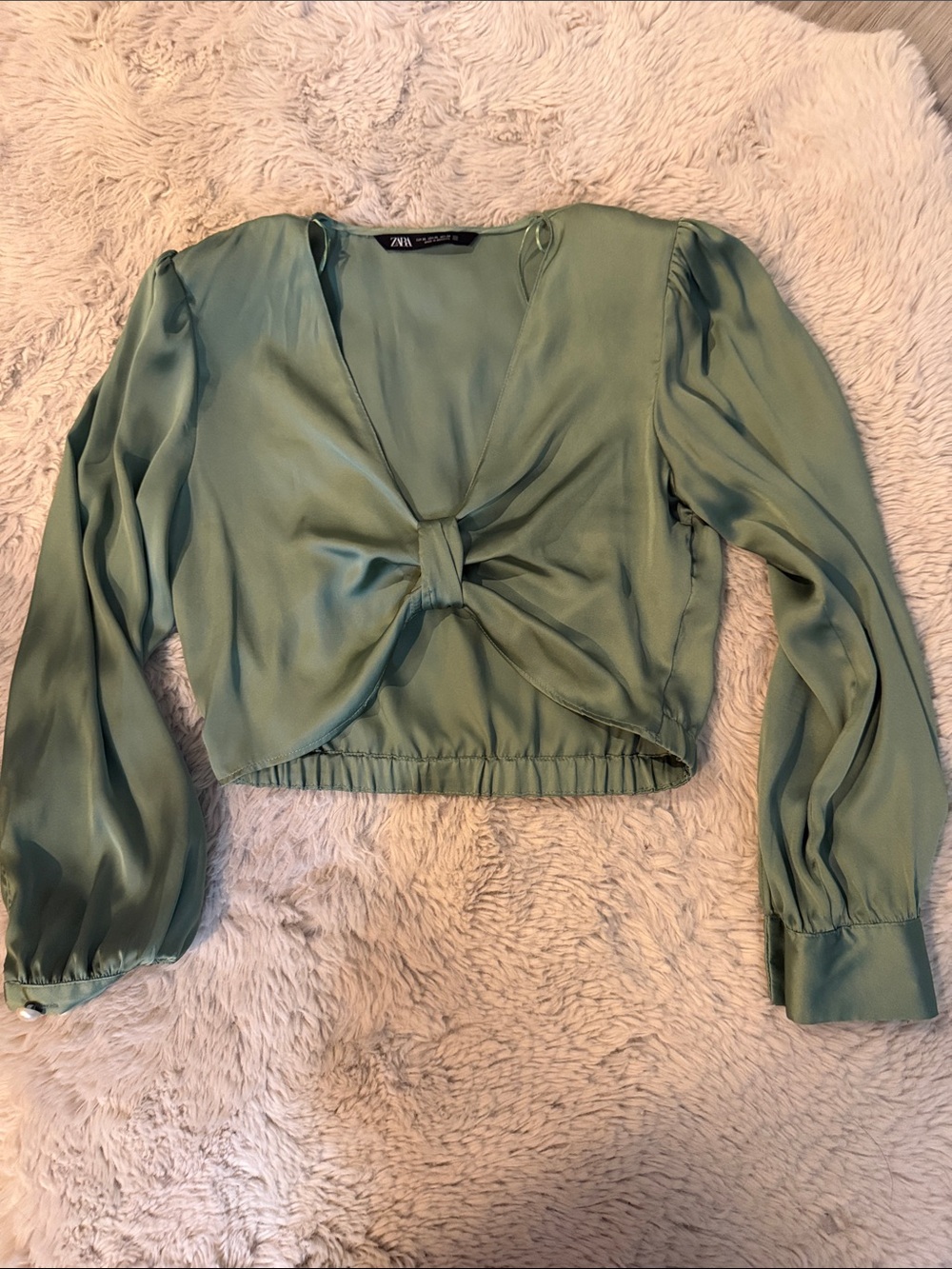 Zara Sage Green Twist-Front Long Sleeve Crop Blouse